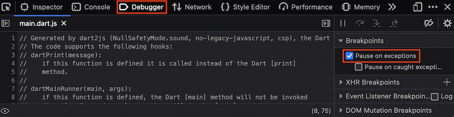 Enable Pause on exceptions in Firefox debugger