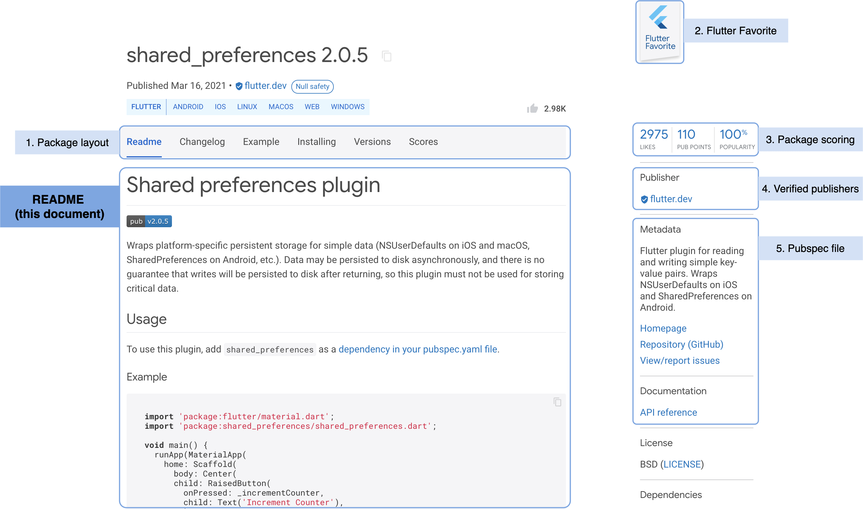 package page contains sections like package layout, flutter favorite, package scoring, verified publishers, pubspec file